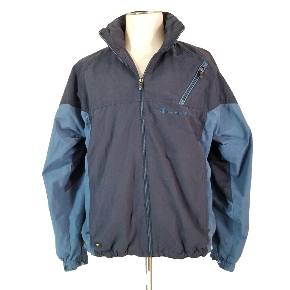 Champion Hooded Windbreaker Jacket Mens M Blue Lined Outdoor Sports Lightweight